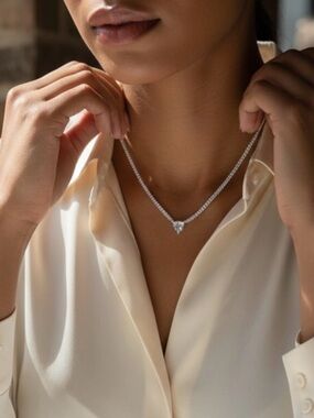 Sterling Silver 925 Heart Pendant Tennis Necklace NWOT